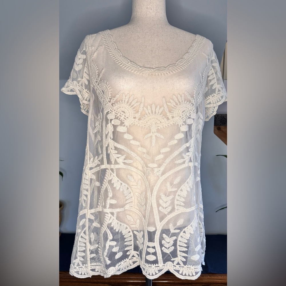Capri Top Womens SZ XL Blouse Ivory Crochet Lace Romantic Hippie Beach Boho